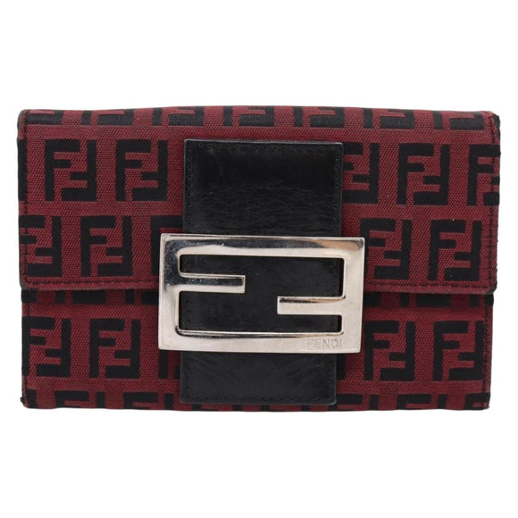 FENDI Zucchino Canvas Bifold Wallet Red Silver SM0036 Auth 205529A