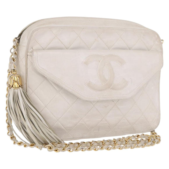CHANEL Matelasse Chain Shoulder Bag Lamb Skin White Gold CC Auth 205734
