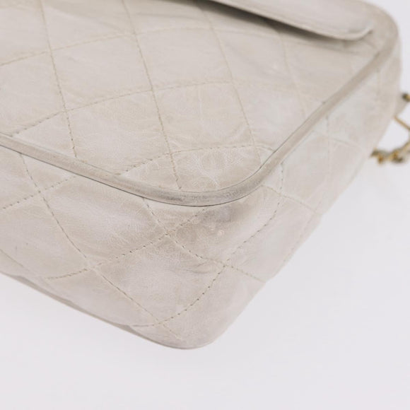 CHANEL Matelasse Chain Shoulder Bag Lamb Skin White Gold CC Auth 205734
