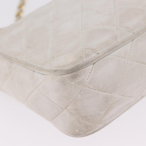 CHANEL Matelasse Chain Shoulder Bag Lamb Skin White Gold CC Auth 205734