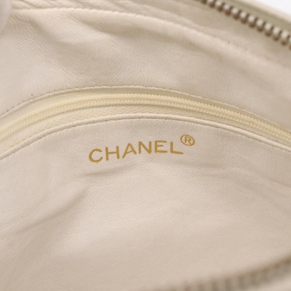 CHANEL Matelasse Chain Shoulder Bag Lamb Skin White Gold CC Auth 205734