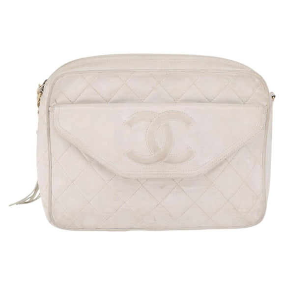CHANEL Matelasse Chain Shoulder Bag Lamb Skin White Gold CC Auth 205734