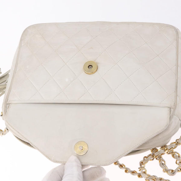 CHANEL Matelasse Chain Shoulder Bag Lamb Skin White Gold CC Auth 205734