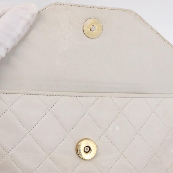 CHANEL Matelasse Chain Shoulder Bag Lamb Skin White Gold CC Auth 205734