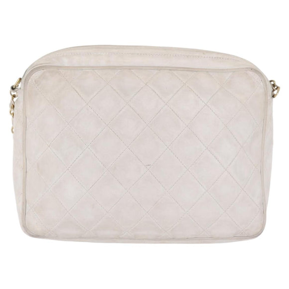 CHANEL Matelasse Chain Shoulder Bag Lamb Skin White Gold CC Auth 205734