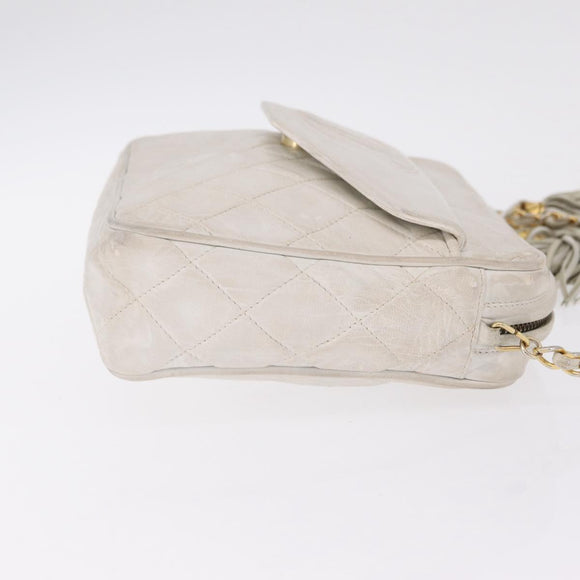 CHANEL Matelasse Chain Shoulder Bag Lamb Skin White Gold CC Auth 205734
