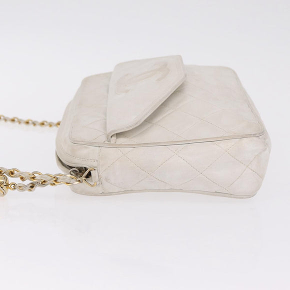 CHANEL Matelasse Chain Shoulder Bag Lamb Skin White Gold CC Auth 205734