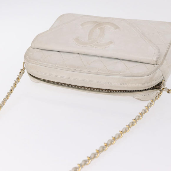 CHANEL Matelasse Chain Shoulder Bag Lamb Skin White Gold CC Auth 205734