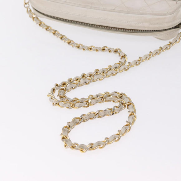CHANEL Matelasse Chain Shoulder Bag Lamb Skin White Gold CC Auth 205734