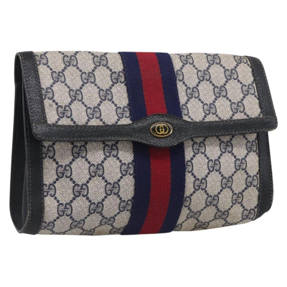 GUCCI GG Supreme Sherry Line Clutch Bag PVC Navy 84 01 006 Auth 205735
