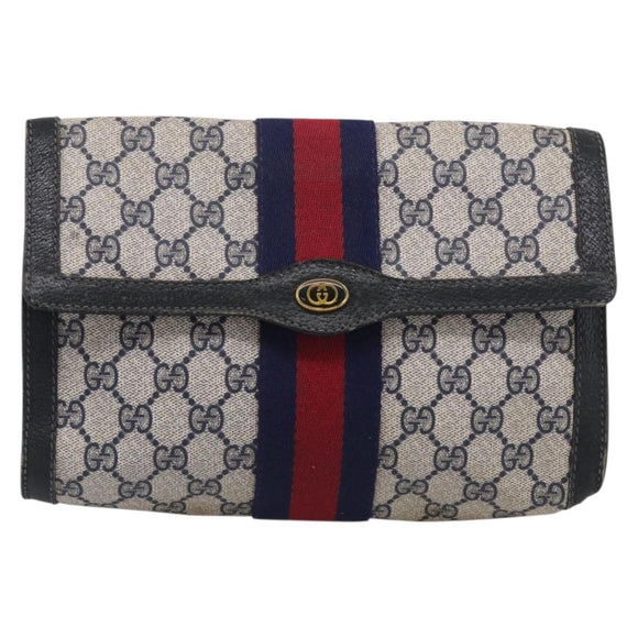 GUCCI GG Supreme Sherry Line Clutch Bag PVC Navy 84 01 006 Auth 205735