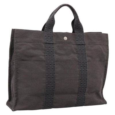 HERMES Her Line MM Hand Bag Canvas Gray Silver Auth 205800A