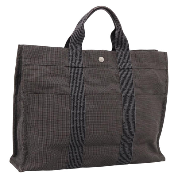 HERMES Her Line MM Hand Bag Canvas Gray Silver Auth 205800A