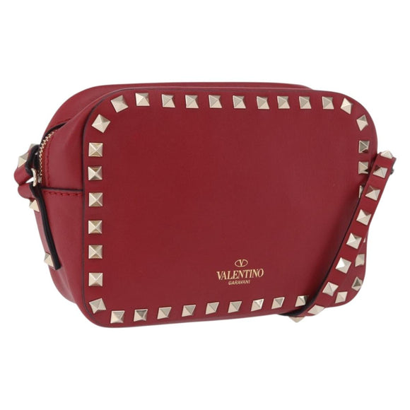 VALENTINO Rock Studs Shoulder Bag Leather Red Gold Tone Auth 205816