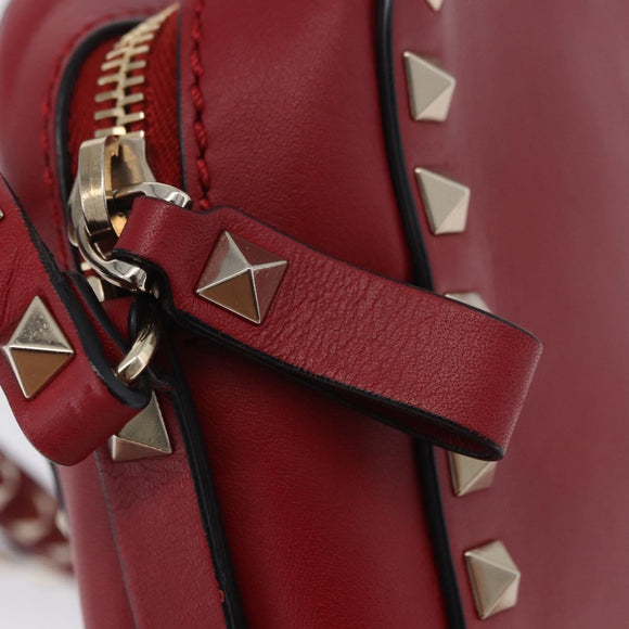VALENTINO Rock Studs Shoulder Bag Leather Red Gold Tone Auth 205816