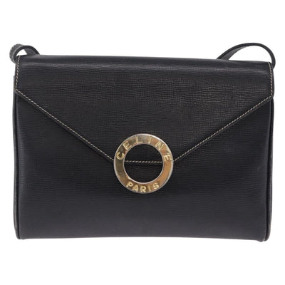 CELINE Circle Shoulder Bag Leather Black Gold Tone Auth 205823 - 0