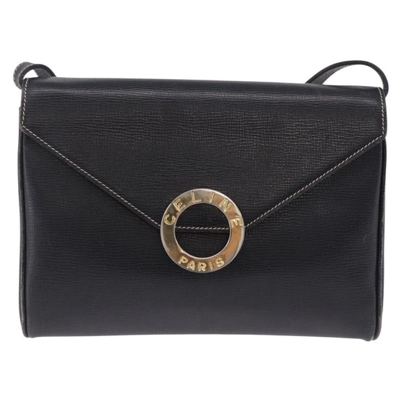 CELINE Circle Shoulder Bag Leather Black Gold Tone Auth 205823