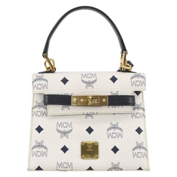 MCM Vicetos Hand Bag PVC Leather 2way White Gold Tone Auth 205825A