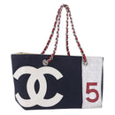 CHANEL Choco Bar Chain Shoulder Tote Bag Canvas Navy Silver CC Auth 205836A-1