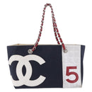 CHANEL Choco Bar Chain Shoulder Tote Bag Canvas Navy Silver CC Auth 205836A-2