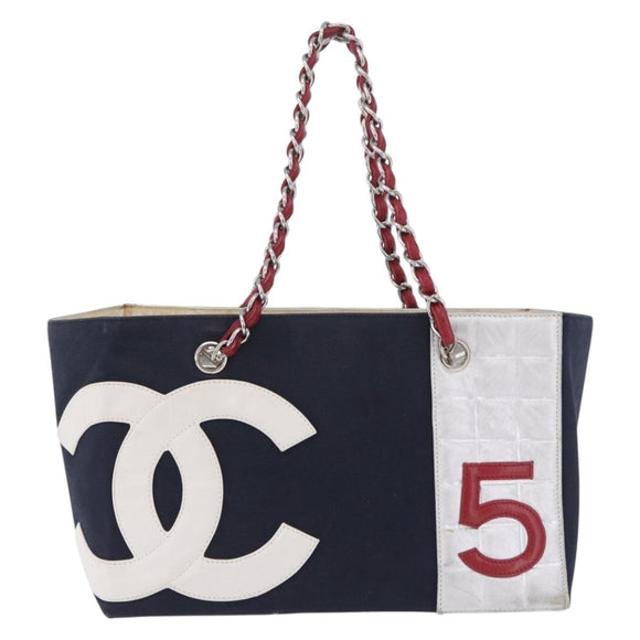 CHANEL Choco Bar Chain Shoulder Tote Bag Canvas Navy Silver CC Auth 205836A