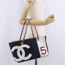 CHANEL Choco Bar Chain Shoulder Tote Bag Canvas Navy Silver CC Auth 205836A-30