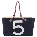 CHANEL Choco Bar Chain Shoulder Tote Bag Canvas Navy Silver CC Auth 205836A-4