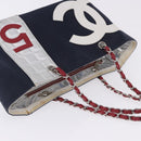 CHANEL Choco Bar Chain Shoulder Tote Bag Canvas Navy Silver CC Auth 205836A-8