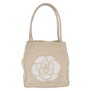CHANEL Camelia Tote Bag Leather Beige Gold Tone CC Auth 205854-13