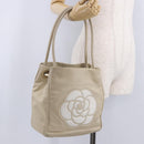 CHANEL Camelia Tote Bag Leather Beige Gold Tone CC Auth 205854-32