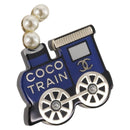 CHANEL Coco Train Brooch Metal Blue Gold Tone CC Auth 205865M-1