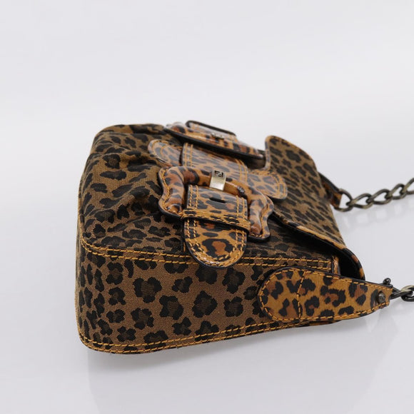 FENDI Chain Mamma Baguette Shoulder Bag Canvas Beige Auth 205882SAM