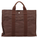 HERMES Her Line MM Hand Bag Canvas Brown Silver Auth 205885A-2