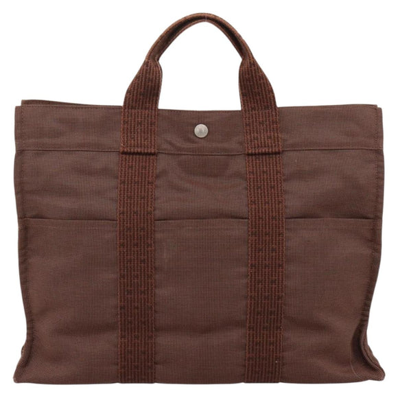HERMES Her Line MM Hand Bag Canvas Brown Silver Auth 205885A