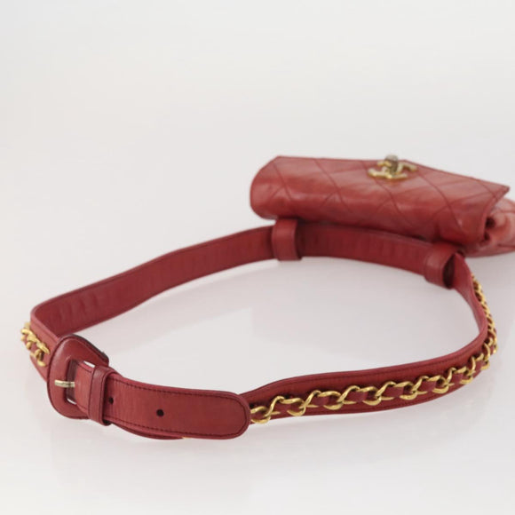 CHANEL Matelasse Waist Bag Leather Red Gold Tone CC Auth 205887