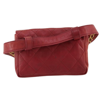 CHANEL Matelasse Waist Bag Leather Red Gold Tone CC Auth 205887 - 0