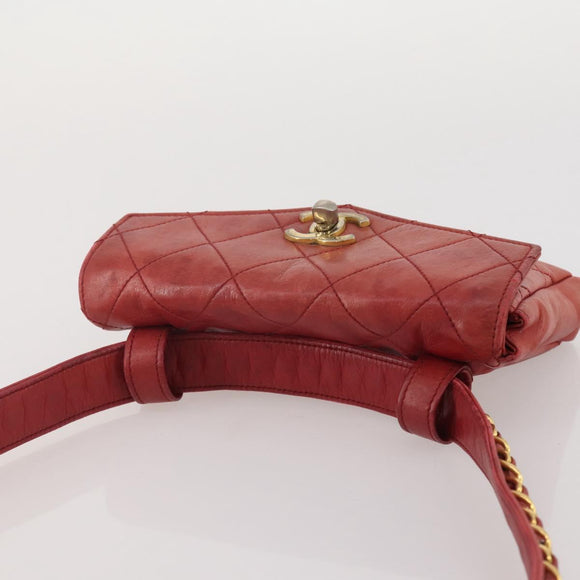 CHANEL Matelasse Waist Bag Leather Red Gold Tone CC Auth 205887