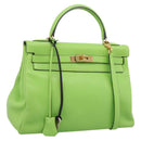 HERMES Kelly 32 Hand Bag Leather 2way Green Gold Auth 205964SM-1