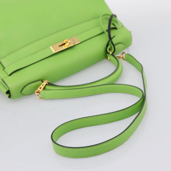 HERMES Kelly 32 Hand Bag Leather 2way Green Gold Auth 205964SM