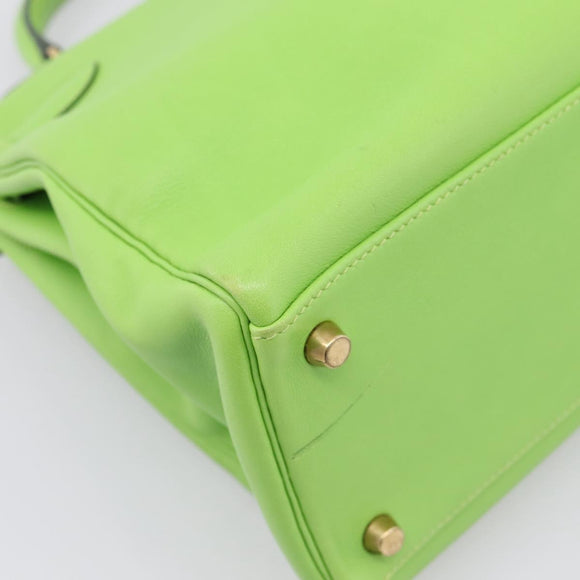 HERMES Kelly 32 Hand Bag Leather 2way Green Gold Auth 205964SM