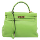 HERMES Kelly 32 Hand Bag Leather 2way Green Gold Auth 205964SM-2