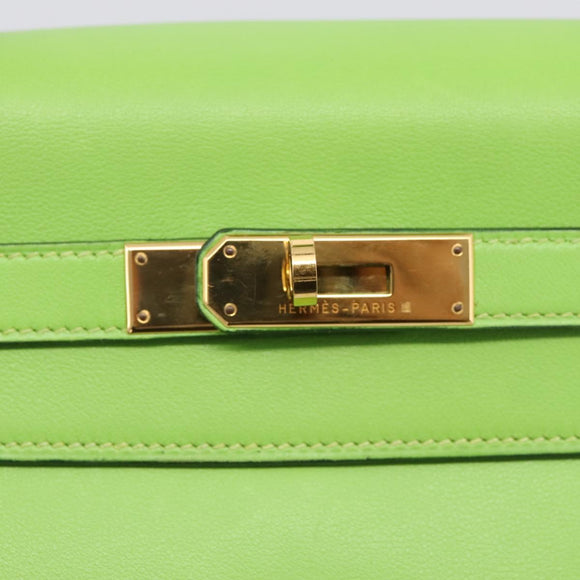 HERMES Kelly 32 Hand Bag Leather 2way Green Gold Auth 205964SM