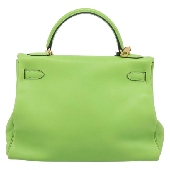 HERMES Kelly 32 Hand Bag Leather 2way Green Gold Auth 205964SM