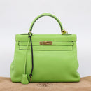 HERMES Kelly 32 Hand Bag Leather 2way Green Gold Auth 205964SM-40