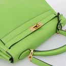HERMES Kelly 32 Hand Bag Leather 2way Green Gold Auth 205964SM-6