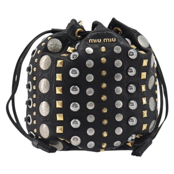 Miu Miu Hand Bag Leather Black Gold Silver Auth 205991V