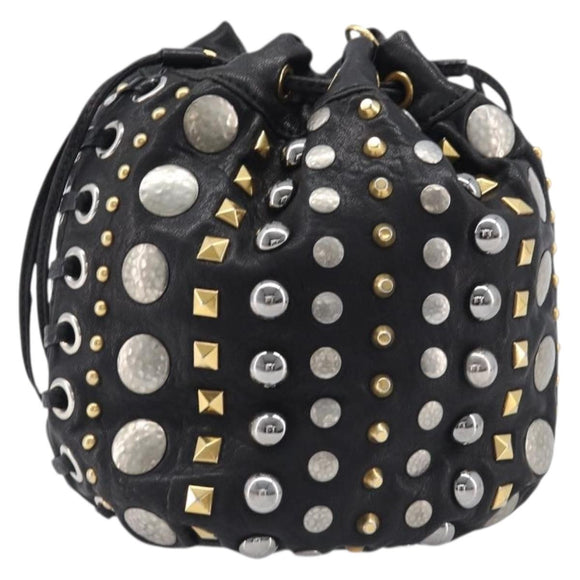 Miu Miu Hand Bag Leather Black Gold Silver Auth 205991V