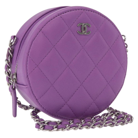 CHANEL Matelasse Chain Shoulder Bag Lamb Skin Purple Silver CC Auth 206022M