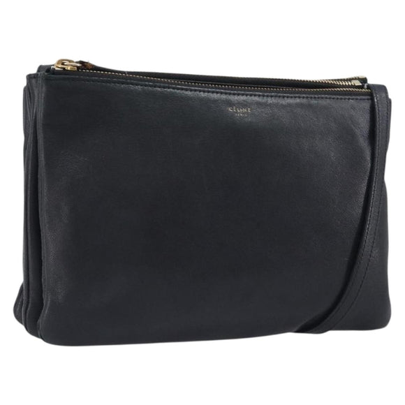 CELINE Trio Shoulder Bag Leather Black Gold Auth 206031