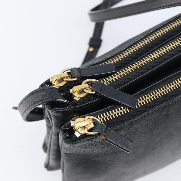 CELINE Trio Shoulder Bag Leather Black Gold Auth 206031